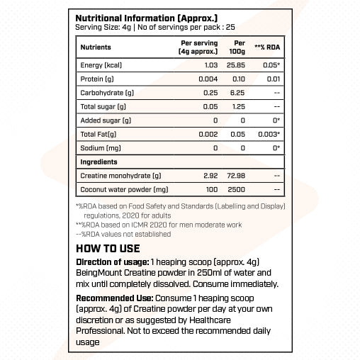 BeingMount Micronized Creatine Monohydrate – 100 g | 25 Servings for Strength & Power