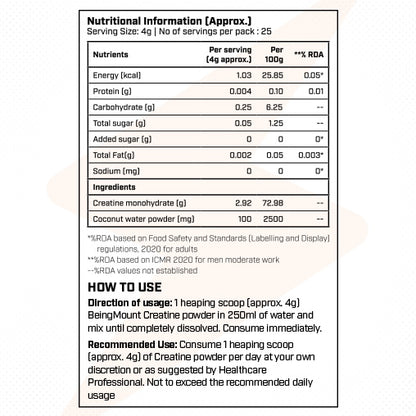 BeingMount Micronized Creatine Monohydrate – 100 g | 25 Servings for Strength & Power