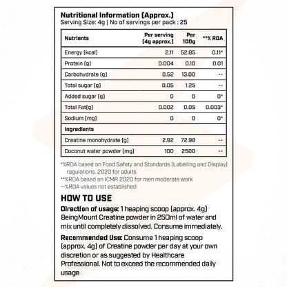 BeingMount Micronized Creatine Monohydrate – 100 g | 25 Servings for Strength & Power